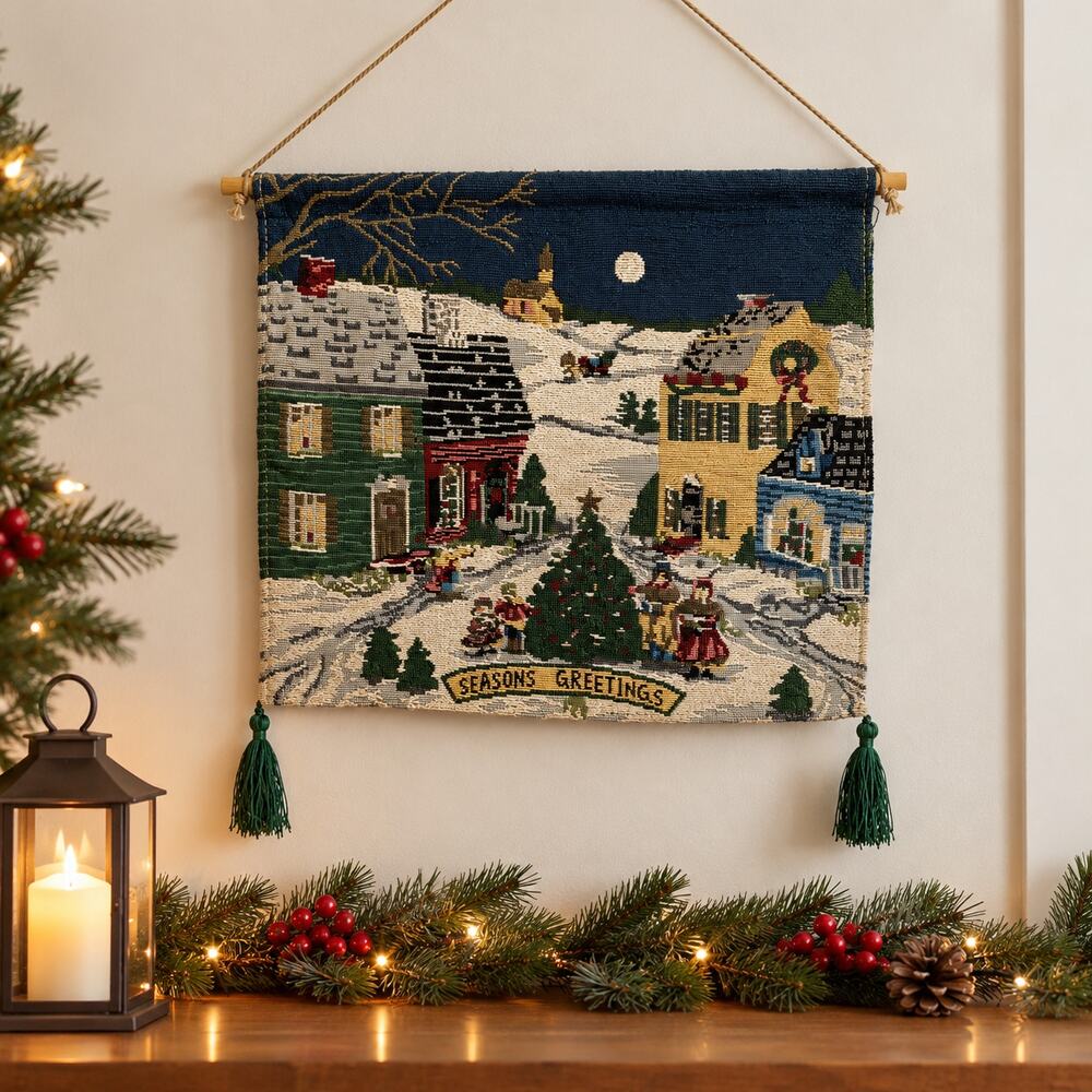 Vintage Christmas Tapestry Wall Hanging Snow Village Tree Holiday Decor 13x13